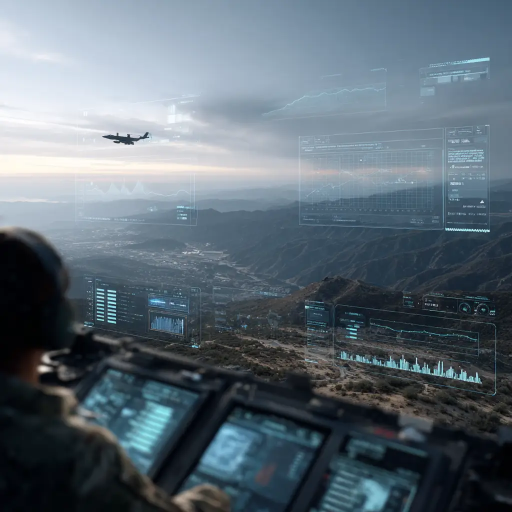 Military operator monitoring aerial operations through advanced digital command interfaces with a surveillance aircraft in flight.