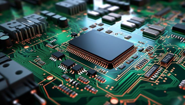 Close-up of a microchip on an advanced printed circuit board with intricate electronic components.