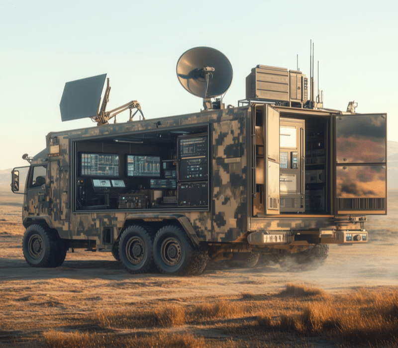 Mobile military command vehicle equipped with satellite communications and advanced monitoring systems in a desert environment.