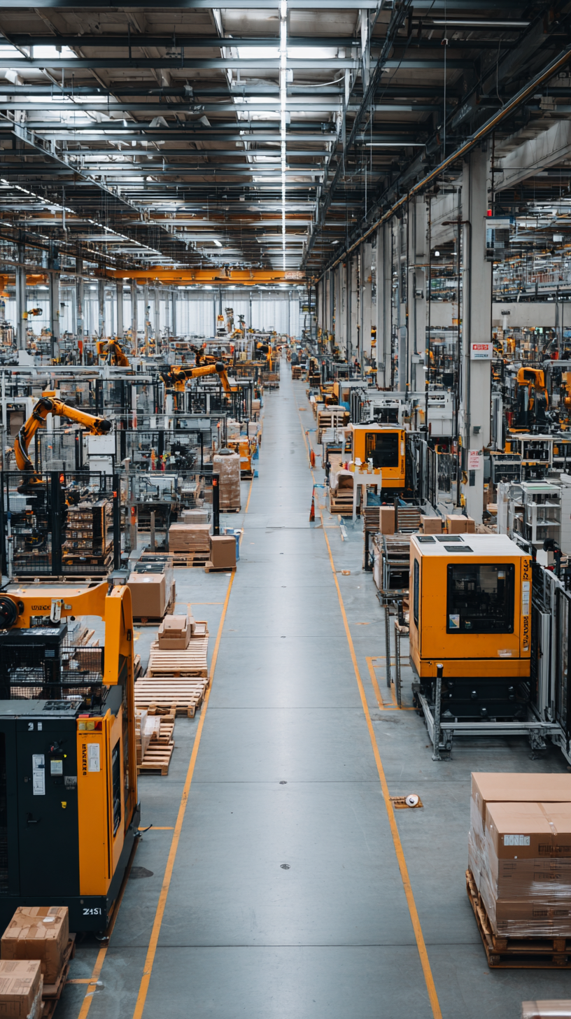 Large-scale automated manufacturing facility with industrial robotic arms and advanced production systems.